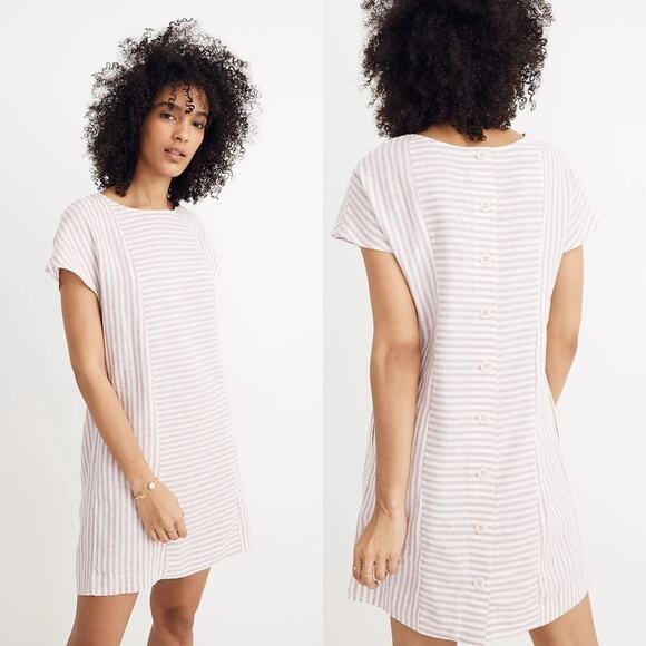MADEWELL Stripe Play Button Back Dress Womens Size XS Linen Summer Coastal Beach - Picture 1 of 10